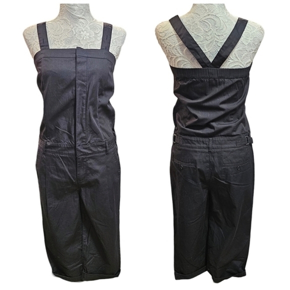 b+ab Black Cotton Capri Jumpsuit Size 38 Button Front Adjustable Straps Pockets - Picture 1 of 15